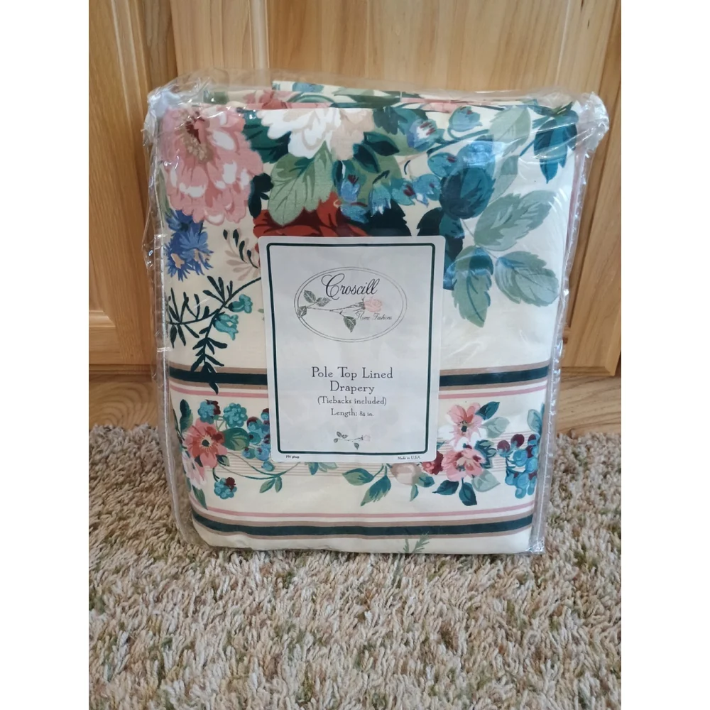 NOS Vintage Croscill Country Manor Pole Top Lined Drapery W/ Tiebacks 84